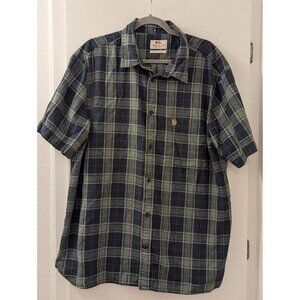 Fjallraven Mens XXL Comfort Fit Plaid Short Sleeve Button-Up Shirt Green & Navy